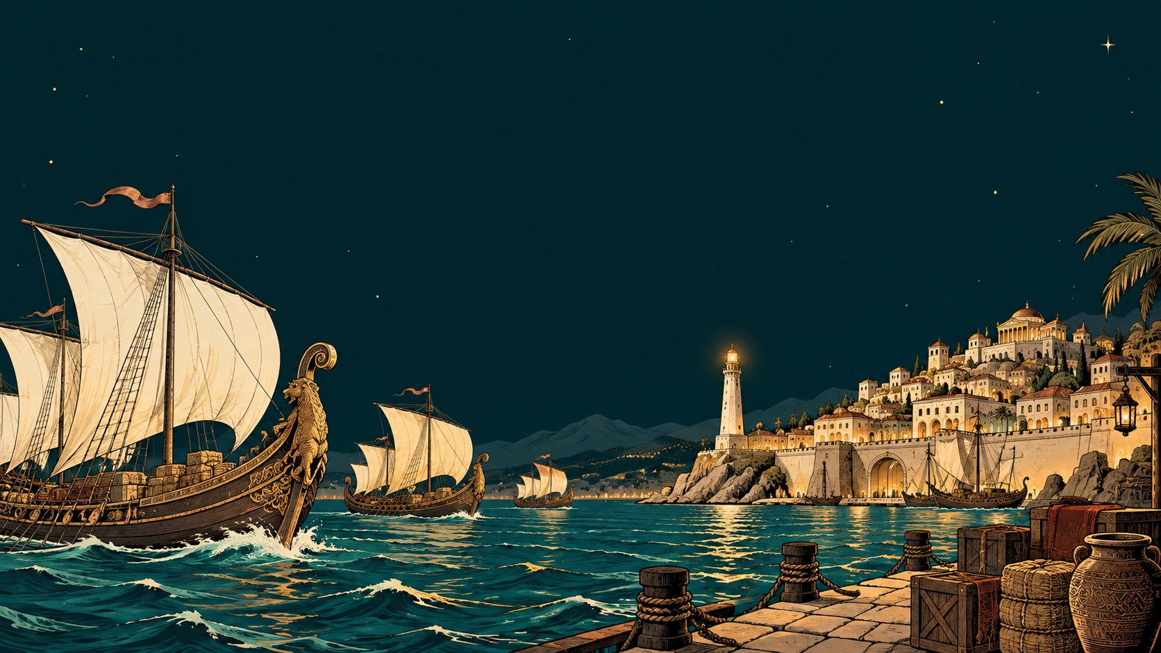 Illustrated merchant ships arriving at a glowing coastal harbor