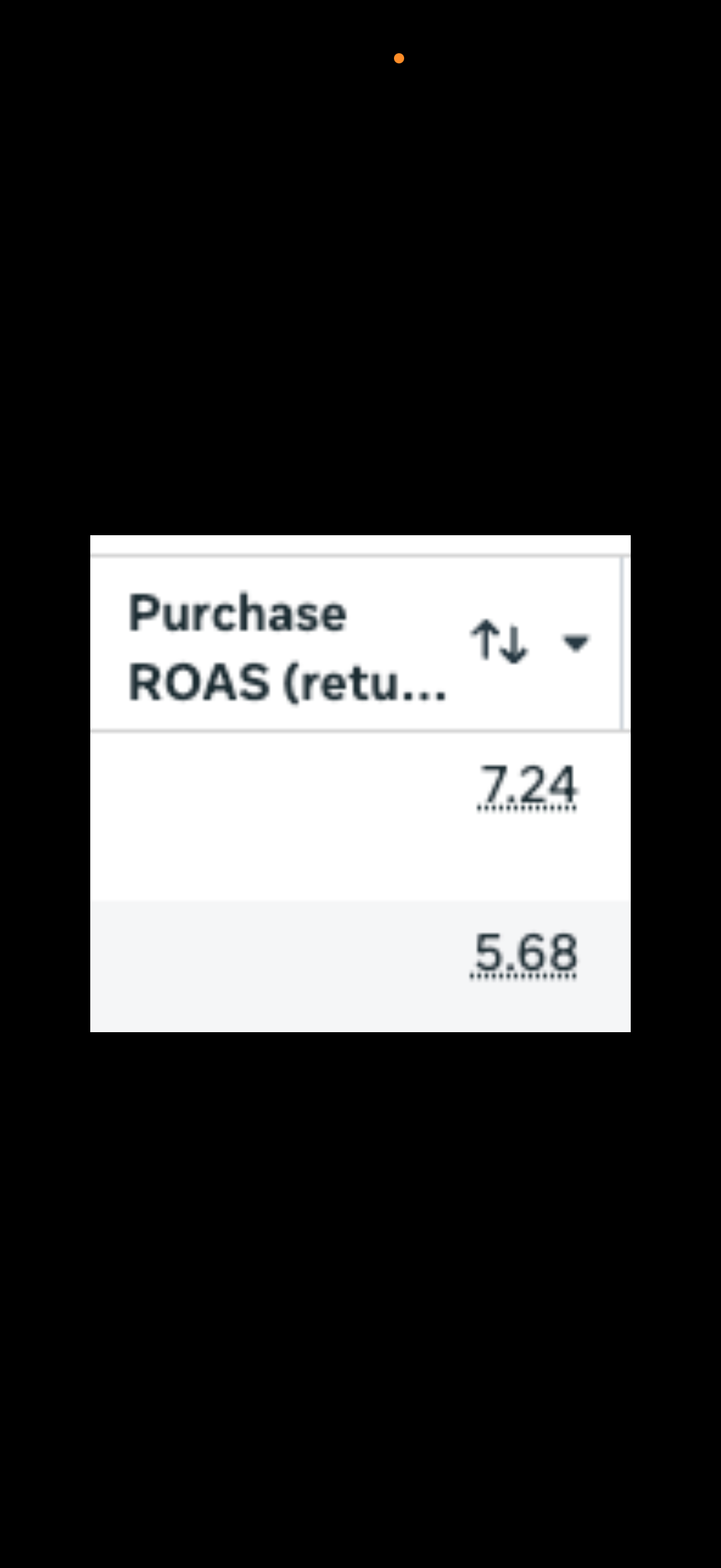 Cropped Meta Purchase ROAS column displaying 7.24 and 5.68