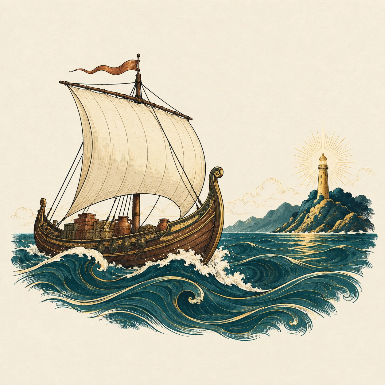 An illustrated merchant ship sailing toward a lighthouse